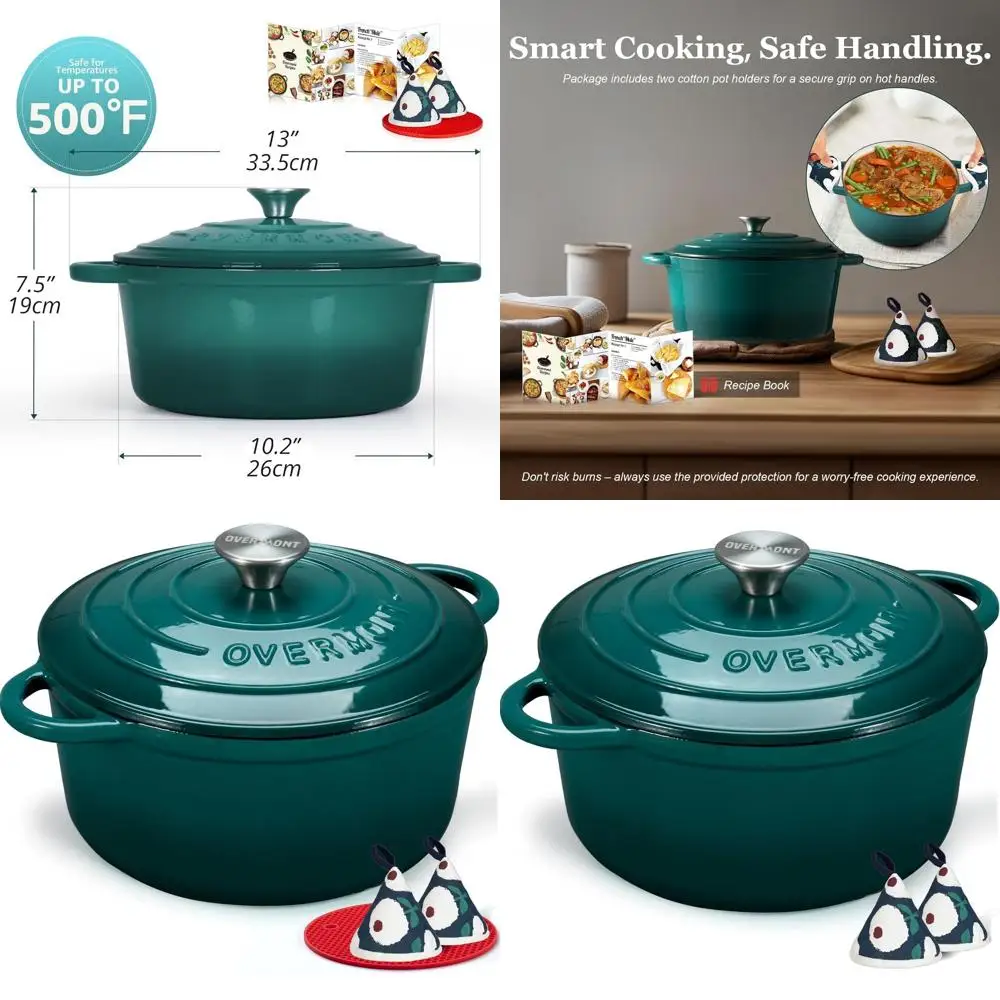 

5.5-Quart Enamel Cast Iron Dutch Oven Set with Lid and Cotton Potholders - Versatile Cookware for Braising, Stews, Roasting, and
