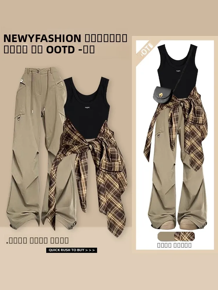 

Fashionable Plaid Shirt Black Vest Casual Pants Set for Women Elegant Ageless Small Size Clothing Ensemble Summer 2024