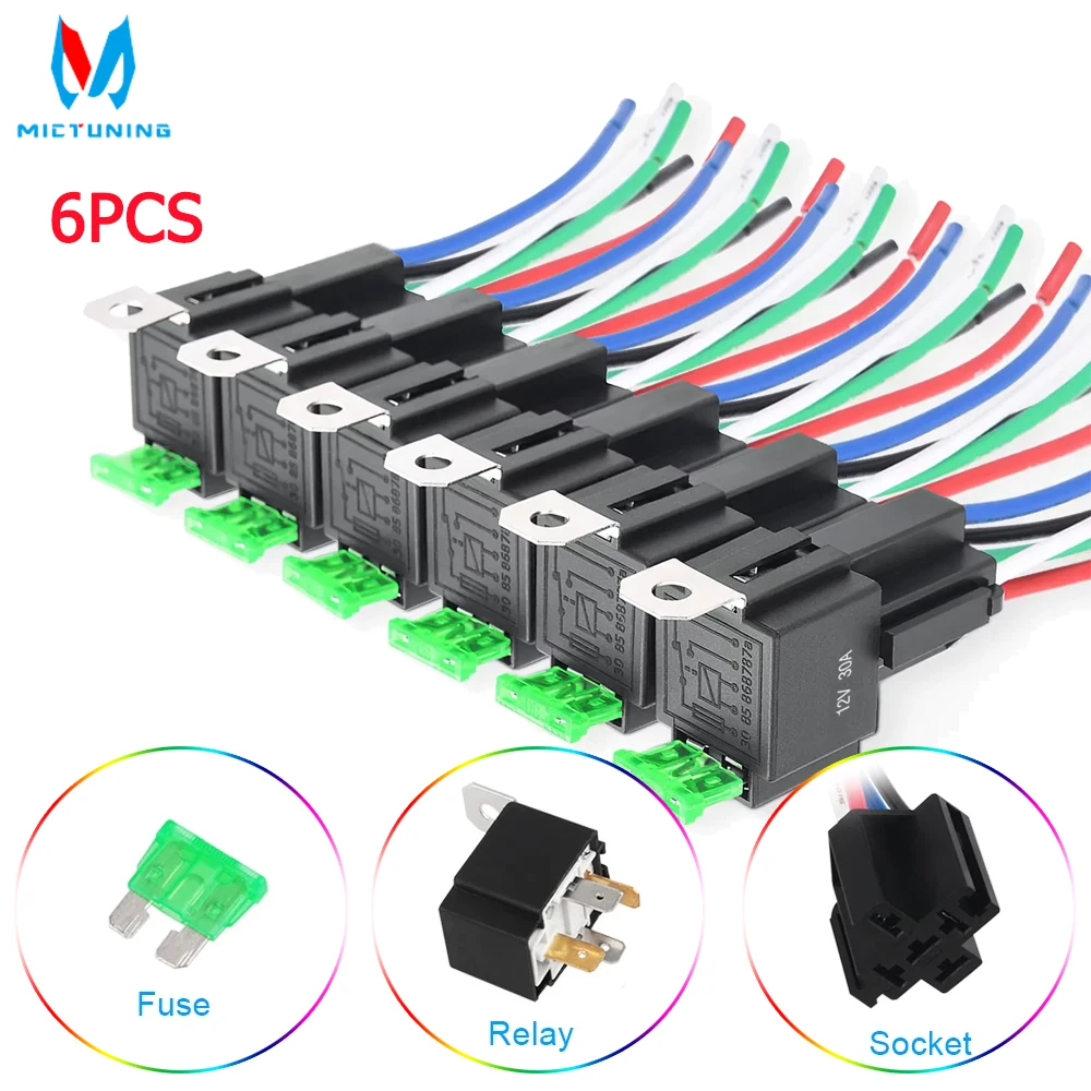 

MICTUNING Fuse Relay Switch Harness Set 6Pcs 5 Pin Copper Terminal Auto Relay12V 24V 30A Fused On/Off Car With Socket Relays Kit