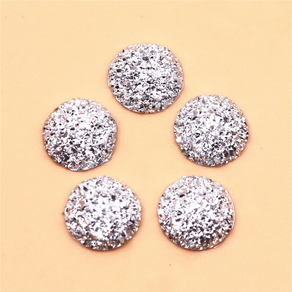 50pcs 16mm Round Shiny Silver Druzy Stone Surface Resin Flatback Cabochon DIY Craft Accessories