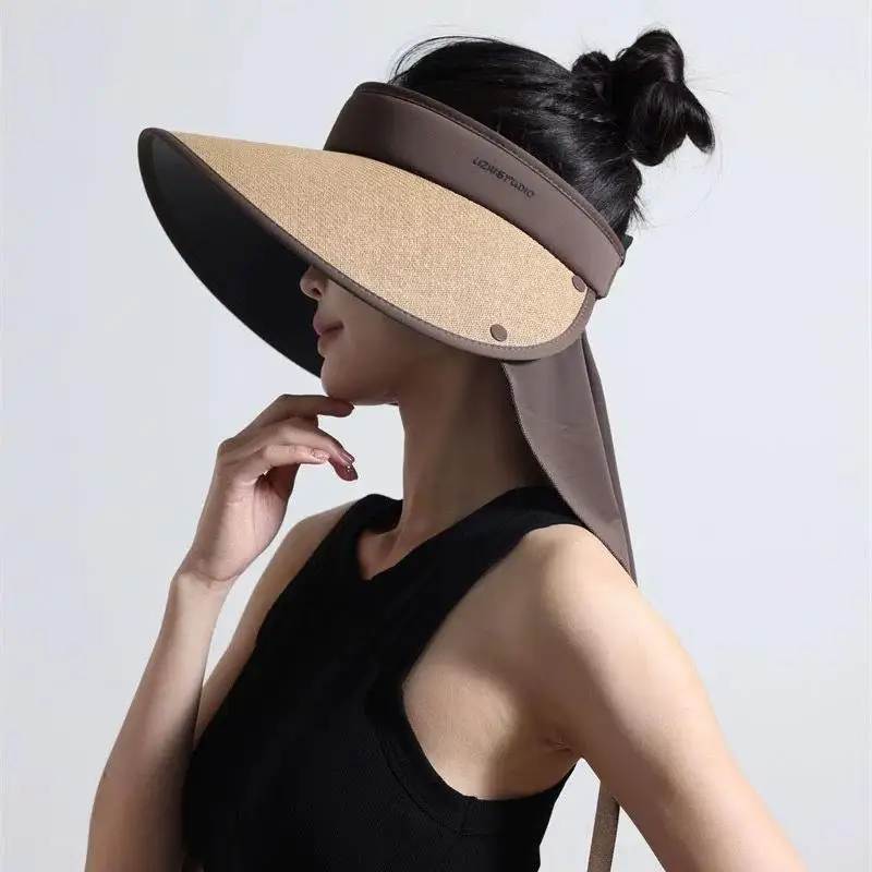 Women Straw Style Empty Top Visor Hat Foldable Vinyl Sun Cap With Detachable Wide Brim Beach Cycling Sunscreen Head Gear