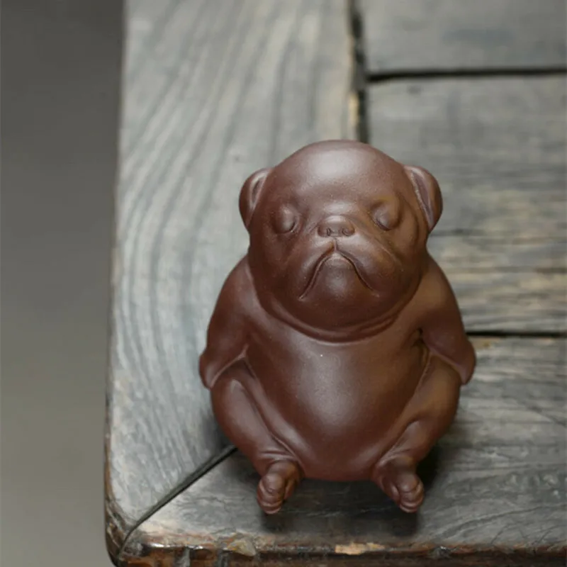 Vintage Yixing Purple Clay Shar Pei Dog Figurine Handmade Animal Statue Tea Pet Desktop Collectible Ornament