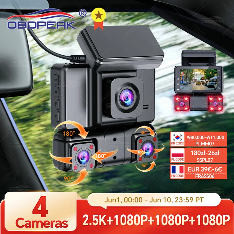

OBDPEAK M65 Car DVR 4 Channel 360° Dash Cam Infrared Front Rear Inside WIFI GPS Dash Camera for Cars 2.5K+1K+1K+1K Parking Mode