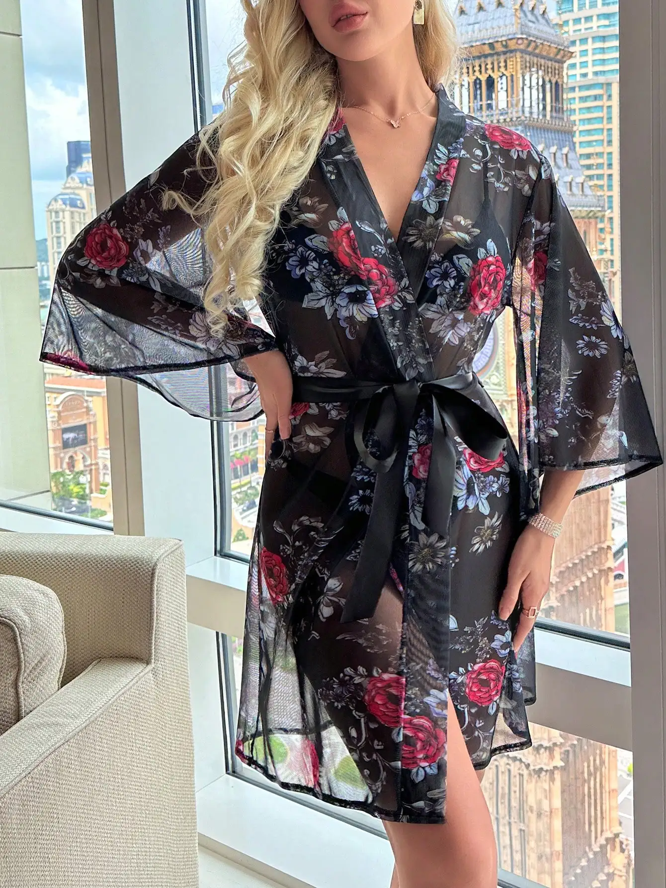 Sexy Bathrobe Froral Print Nightdress Mesh Nightwear Cozy Bridesmaid Wedding Party Floral Print  Night Robe