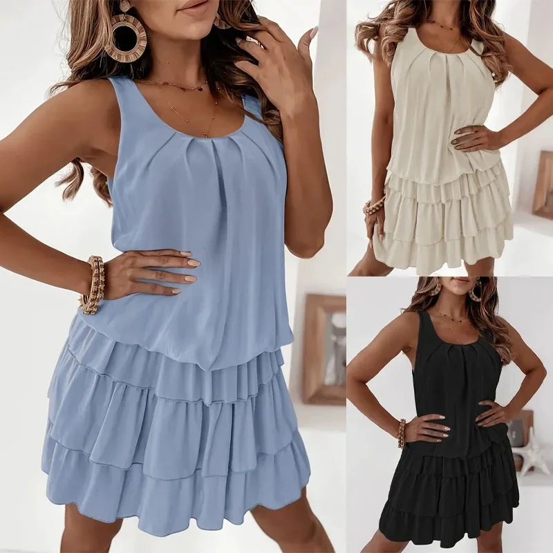 Women Cake Sundress Summer Cute Square Collar Backless Sleeveless Three Layer Ruffle Mini Loose Party Vacation Dresses