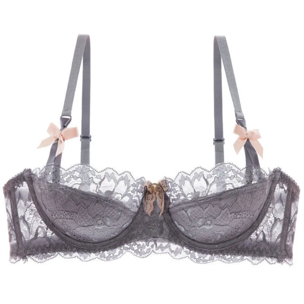 BANERDANNI French Pure Desire Bow Shoulder Strap Lace Sexy Half Cup Girl Underwear Thin Big Chest Small Bra Cover Set 32-38 Size