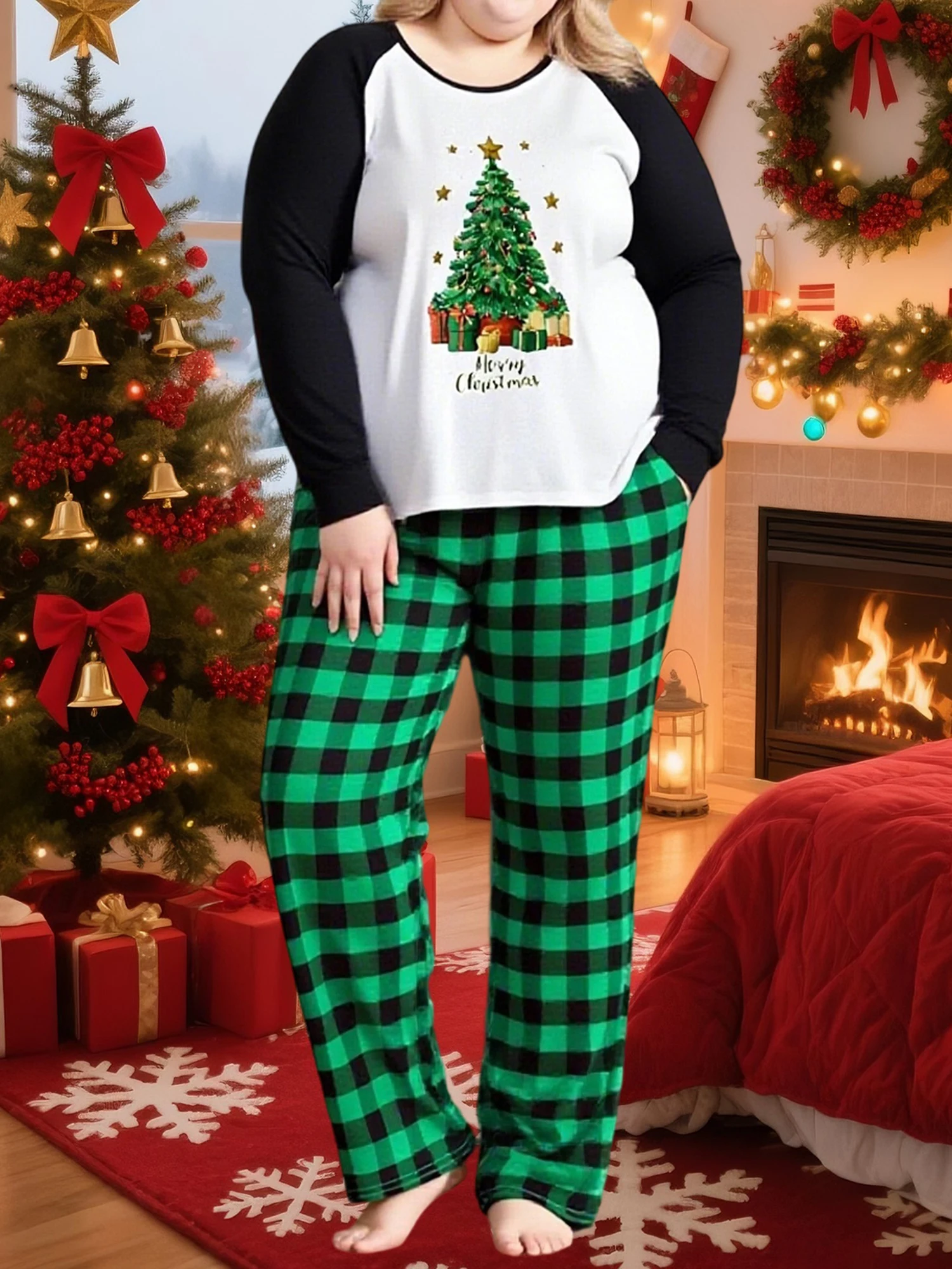 

Women s Christmas Pajama Set Cozy Long Sleeve Top with Festive Print and Matching Plaid Pants for Sleepwear and Loungewear