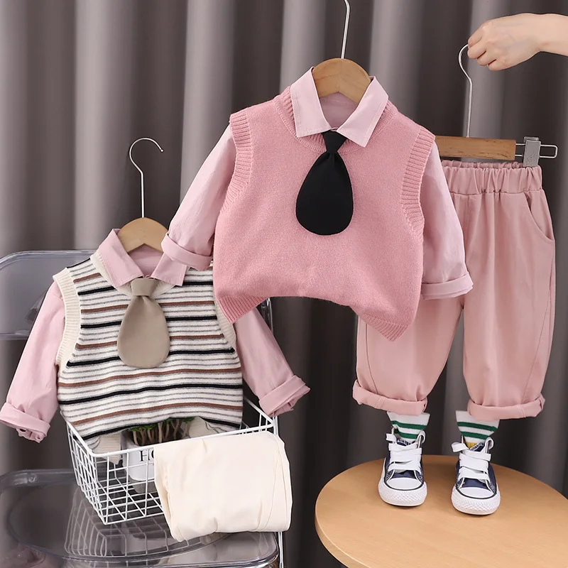 

2024 New Children's Korean Solid Color Sweater Vest and Shirt Three Piece Set