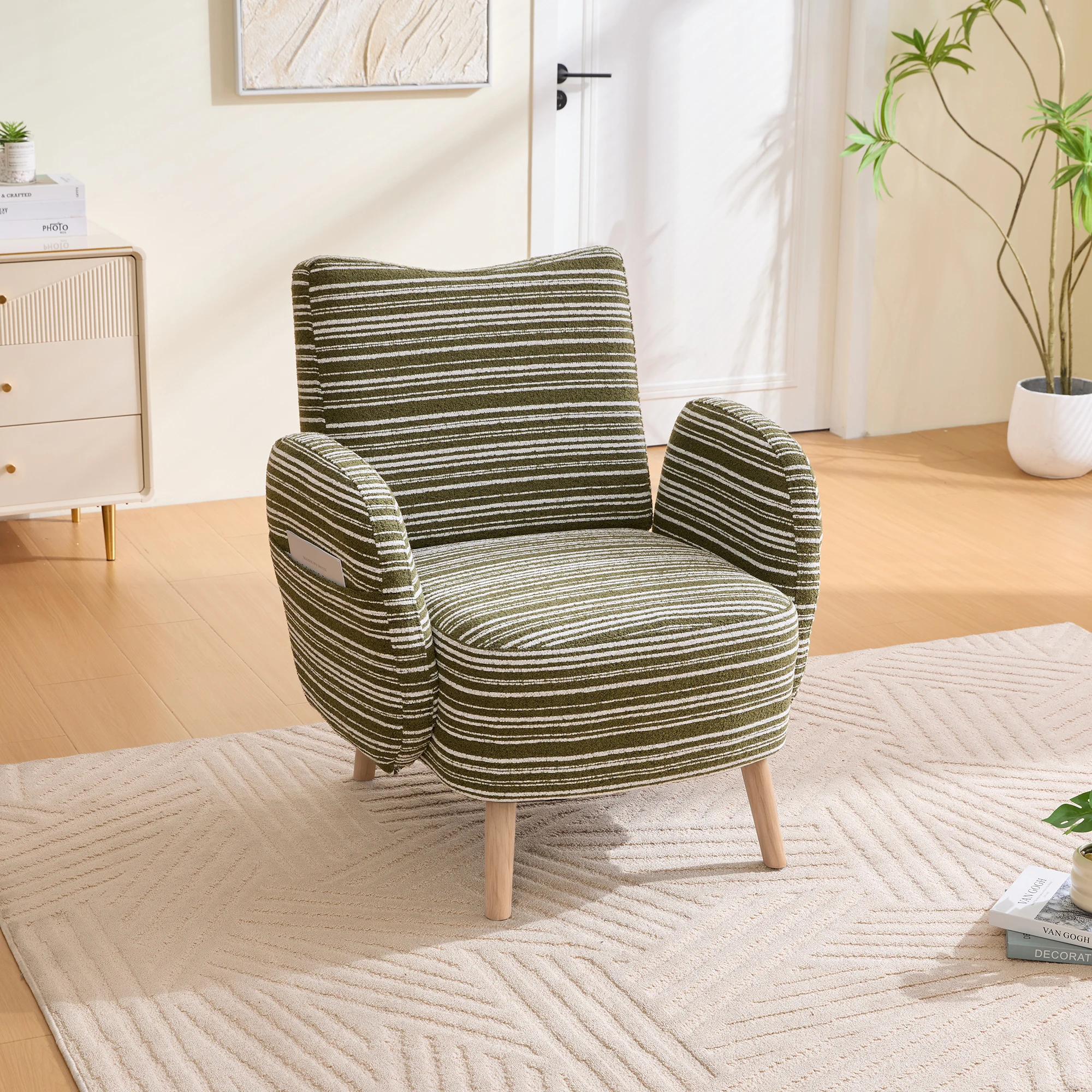PINGGO Moderner Stoffsessel mit Seitentasche & Massivholzbeinen, Komfortabler Lesesessel für Wohnzimmer Schlafzimmer Büro – Detail 9