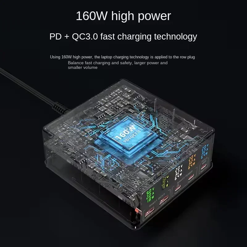 160W 5 Port Charging Station USB C PD65W QC3.0 Fast Charger with Separate display 15W Wireless Charger for iPhone Samsung Laptop