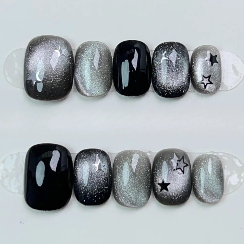 Uñas postizas cuadradas cortas hechas a mano, 10 piezas, cobertura completa, diseño de ojo de gato, estrella, brillo, Luna, manicura usable