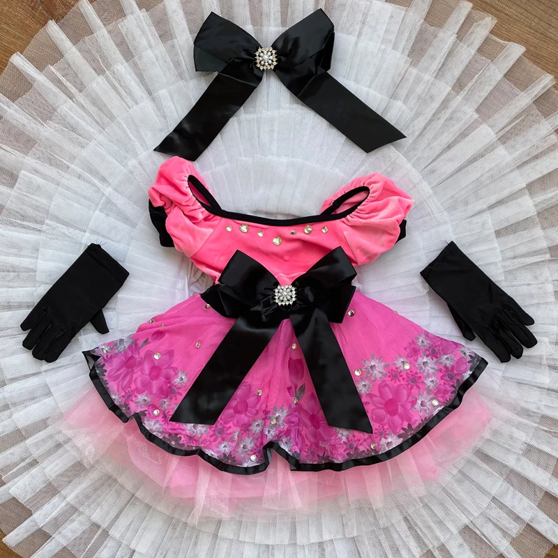 Ballet Girl Pink Velvet Tutu Dress Rhinestone Bubble Sleeve Performance Costumes Floral Mesh Tulle