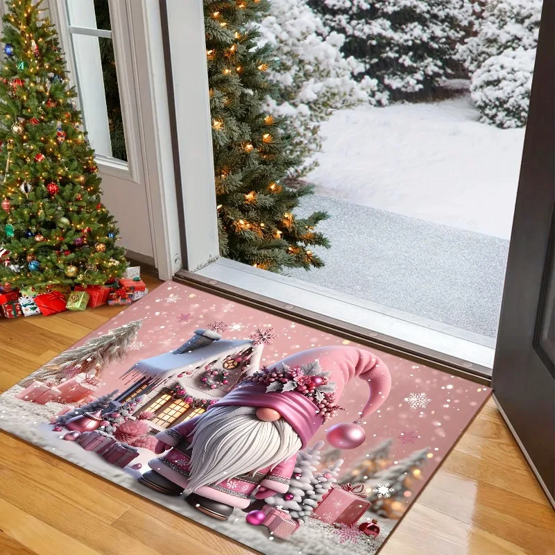 Pink Christmas Gnome Snowy Cabin Snowflake Gift Ball Flannel Doormat Anti Slip Front Door Mat Holiday Home Entrance Decor Rug