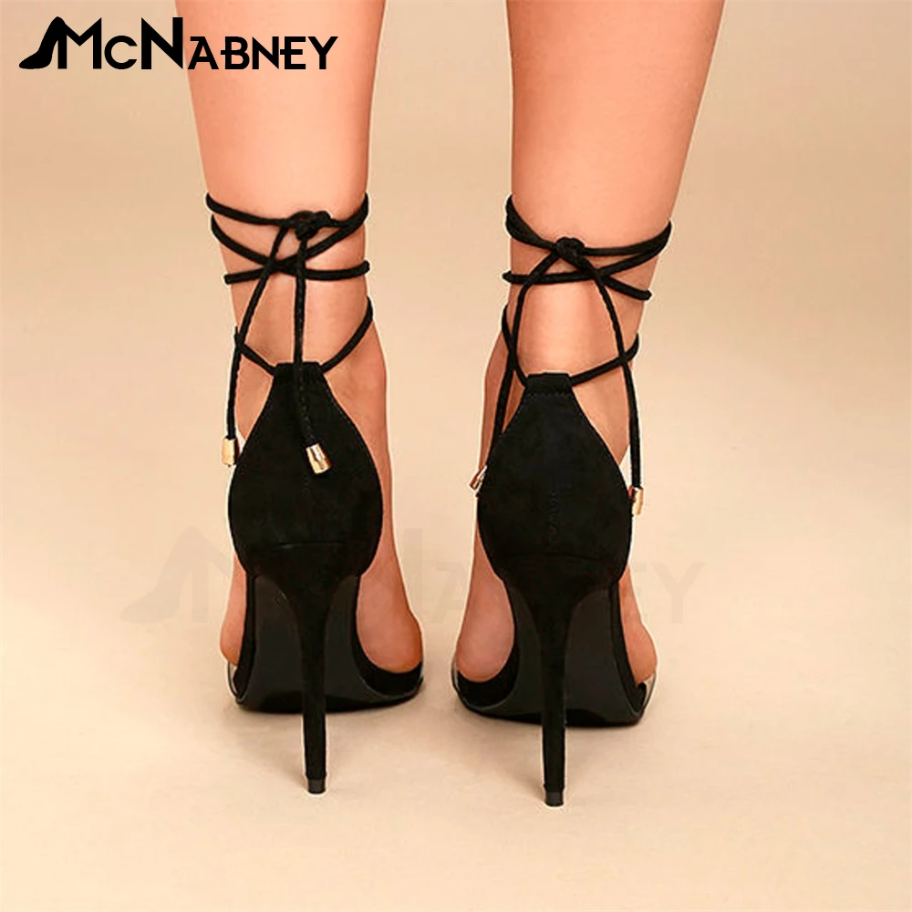 Black Suede Strap Sandals Ankle Strap Lace Up Sandals Concise Style High Heels Round Toe Stiletto Summer Shoes for Women Custom