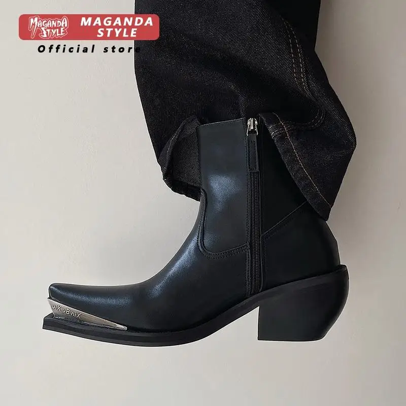 Retro Chelsea boots unisex British style iron toe boots with genuine leather square toe short boots side zipper leather shoes