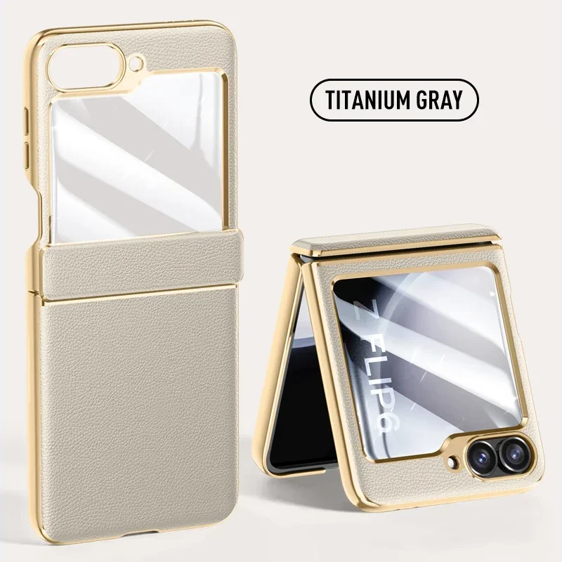 For Samsung Galaxy Z Flip 6 Case Electroplated Skin Friendly Leather Folding Hinge with Tempered Film Shockproof Protection Case