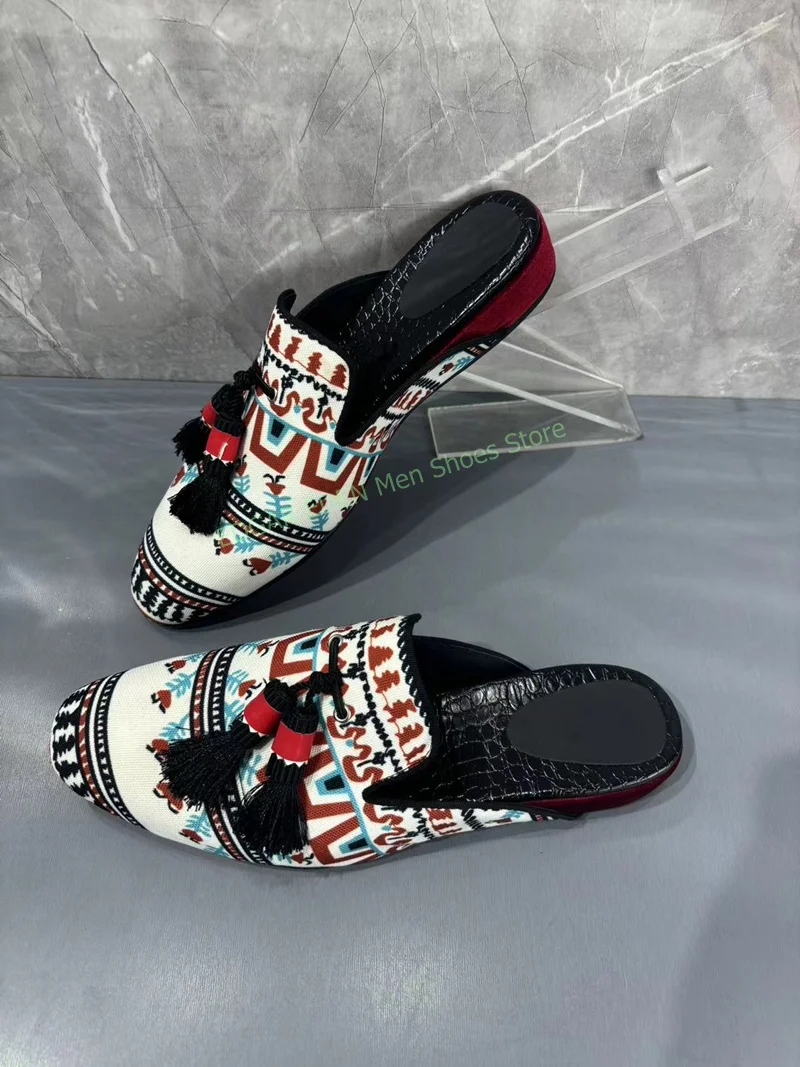 Fashion Tree Print With Fringe Tassel Man Slippers Comfortable Round Toe Flat Heel Outside Casual Mules Shoes For Men