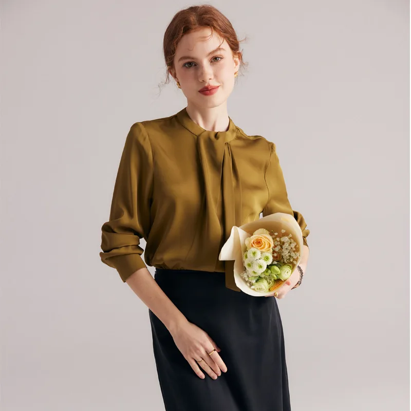 Long-sleeved Scarf Collar Silk Casual Women's Shirt Button Ladies Tops Woman Blouse and Tops Mulberry Silk Lady Shirts Clothes