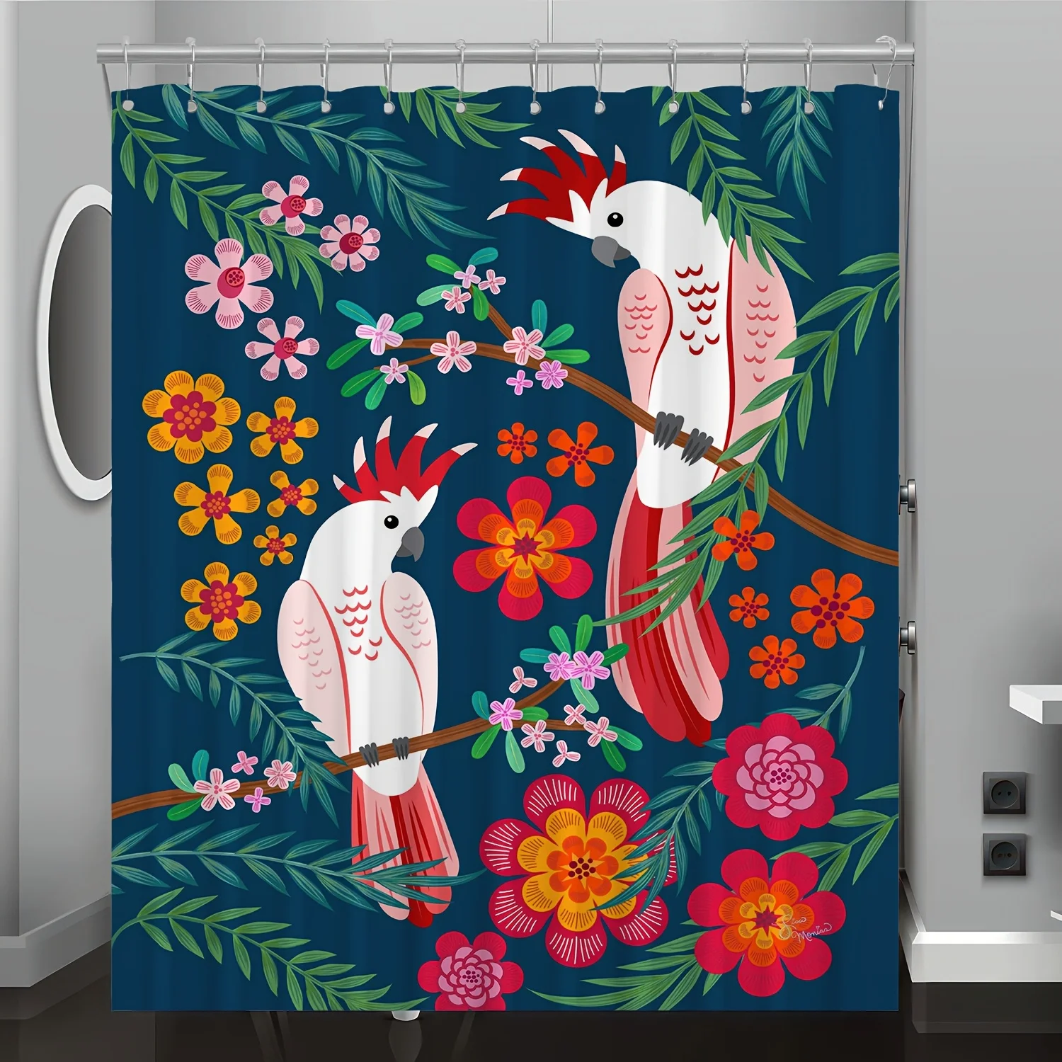 

1 шт., цветочный растительный попугай, мультяшный узор, цифровая печать, занавеска для душа, домашний декор для ванной комнаты с бесплатным крючком, полиэфирная ткань