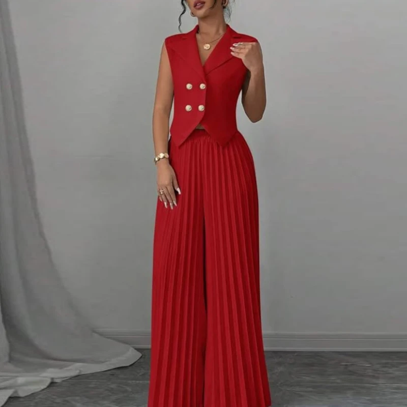 

Casual Slim Two Piece Set Elegant Turn Down Collar Sleeveless Blazer&Pleat Pants Outfits Women Fashion Solid Color Office Suit