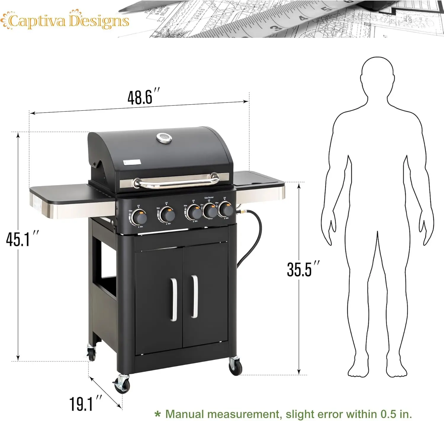 Captiva Designs 4-Burner Propane Gas BBQ Grill with Side Burner & Porcelain-Enameled Cast Iron Grates, 46,700 BTU Output