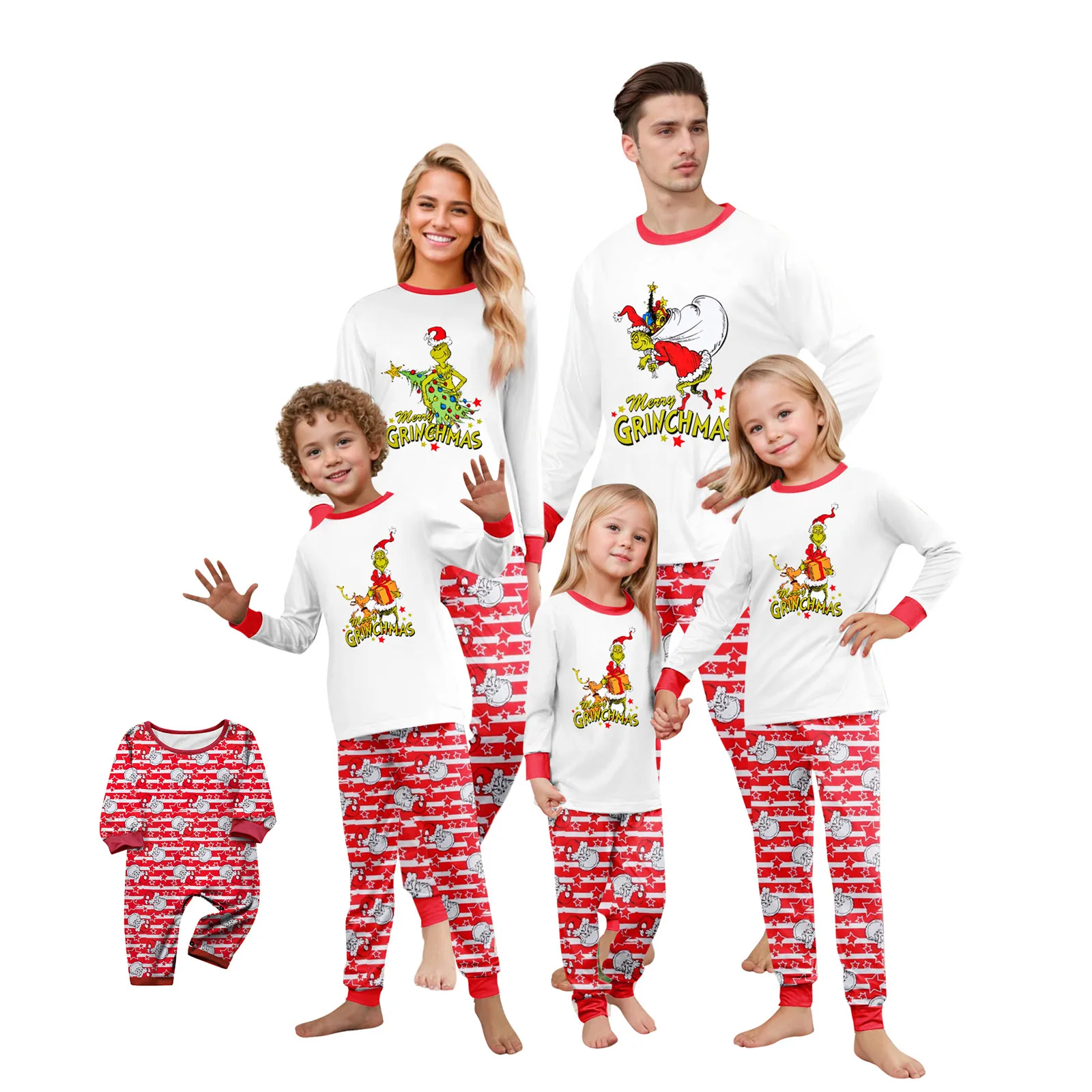 Hot Christmas Family Matching Pajamas Set, Mother Child Baby Grinch Cartoon Print Pajamas Home Clothes Set