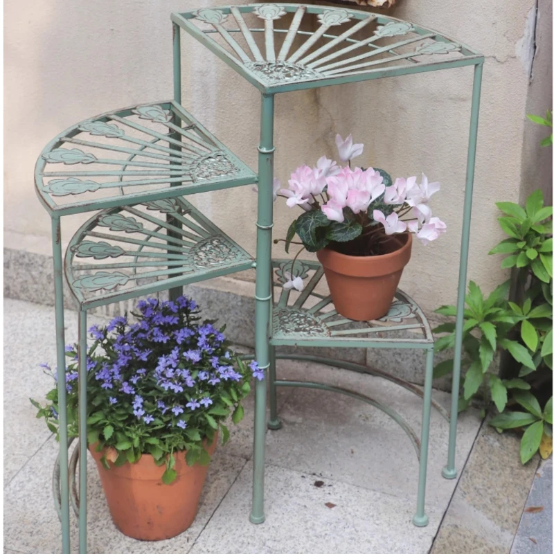 Multilayer Rotation Iron Plant Stand Outdoor Patio Terrace Greenery Shelves Multi-tiered Planter Shelf Retro Balcony Garden Rack