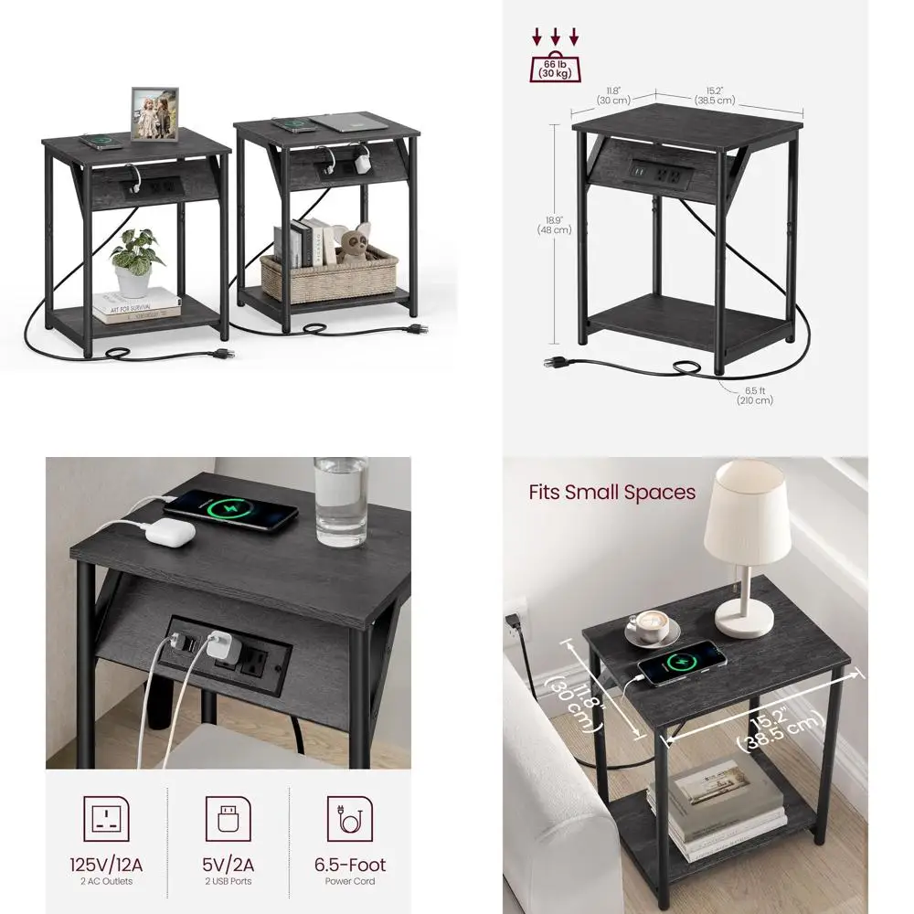 

Пара компактных приставных столиков с зарядными портами, USB-разъемами и местом для хранения, идеально подходят для гостиной, спальни или прикроватной тумбочки, в цвете миссис-грин.