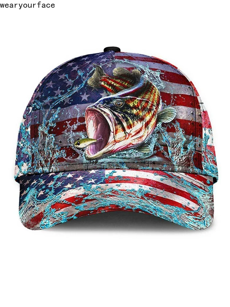 American Flag Bass Fishing Baseball Cap 3D All Over Printed Snapback Hat Men Women Adult Hip Hop Headwear Outdoor Sun Visor