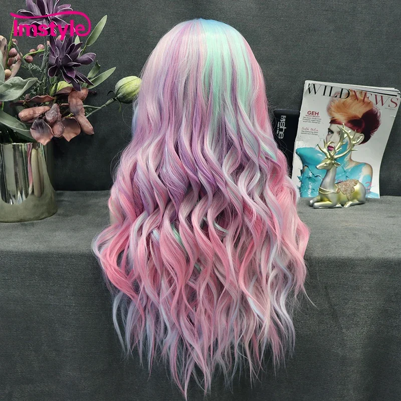 Imstyle Colorful Synthetic Lace Front Wig Rainbow Wig Long Natural Wavy Wigs For Women Cosplay Wigs Multicolor Heat Resistant