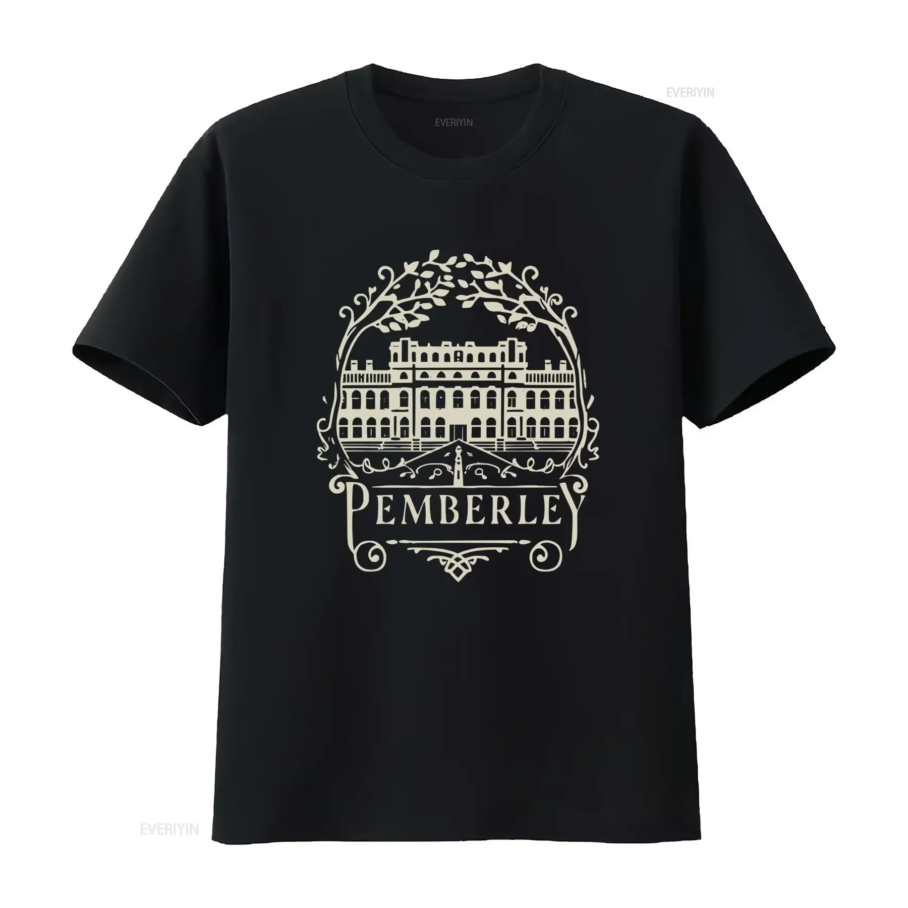 Vintage Line Art Pemberle Manor Floral Wreath Frame Print Casual T Shirt vintage Washed Breathable Soft Top For Everyday Wear