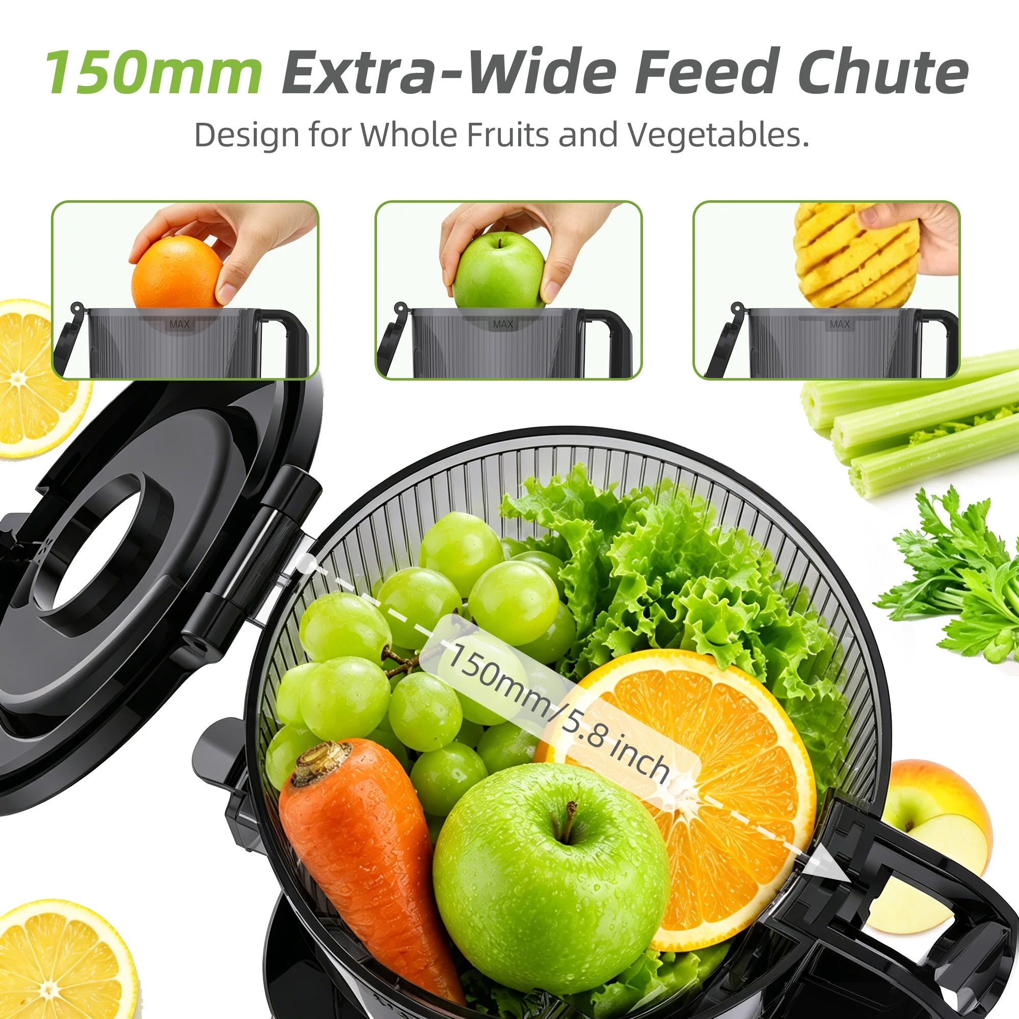 BioloMix 3-in-1 Multi-Function Electric Slow Juicer – 150mm Wide Feed Chute, 300W Digital Display Motor for Nutrient-Rich Juice