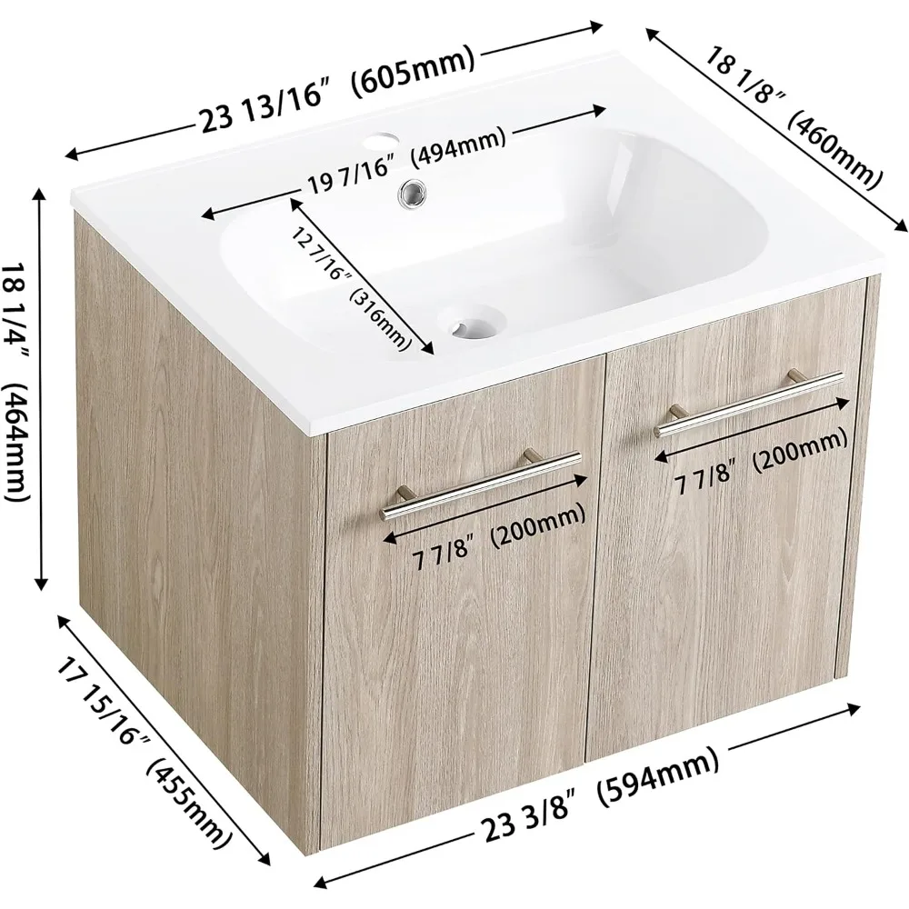 Storage Wood Hanging Bath Cabinet for Small Space Bathroom, Washbasin, White Oak, Modern Set, Vanity with Sink, Home, 24 Inch