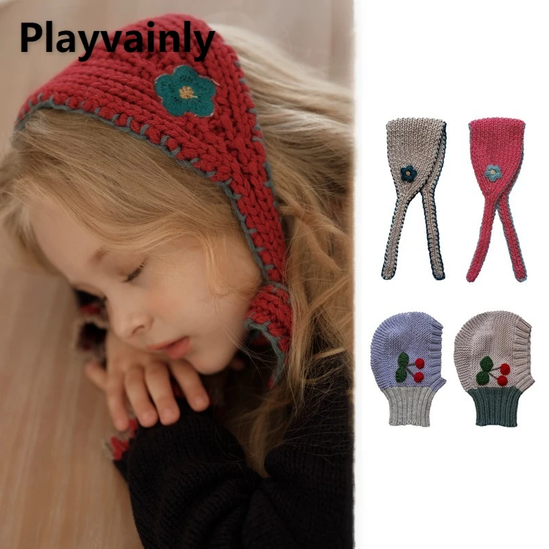 

Новинка 2024 года, теплая шапка для малышей, осенне-зимняя вязаная шапка с цветочной вышивкой, платок для маленьких девочек, капот, детские аксессуары W5102