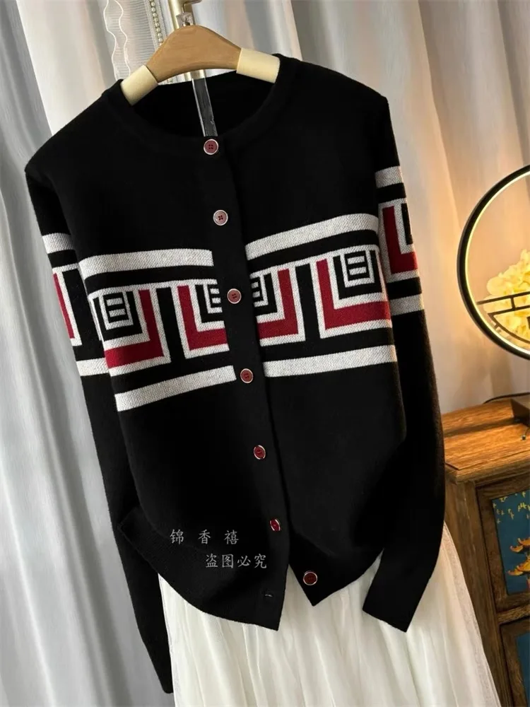 Preto vintage camisola de malha cardigan feminino jacquard manga longa o pescoço malhas topos 2025 primavera elegante solto moda jumpers