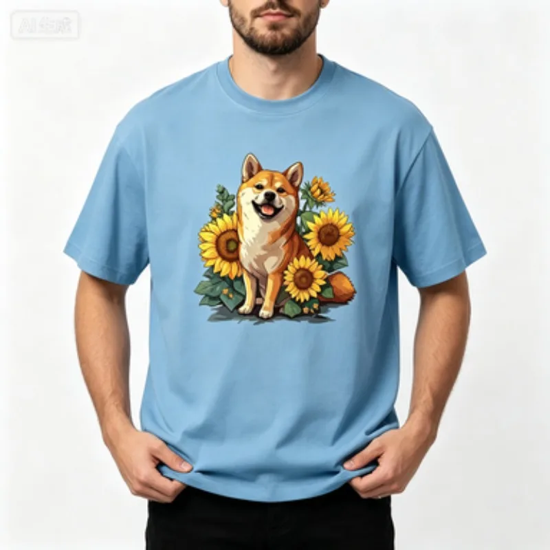 Unisex  Tshirt Vivid Shiba Inu And Sunflower Botanical Art Design Adorable Puppy Floral Style Casual Outdoor Holiday Daily Top