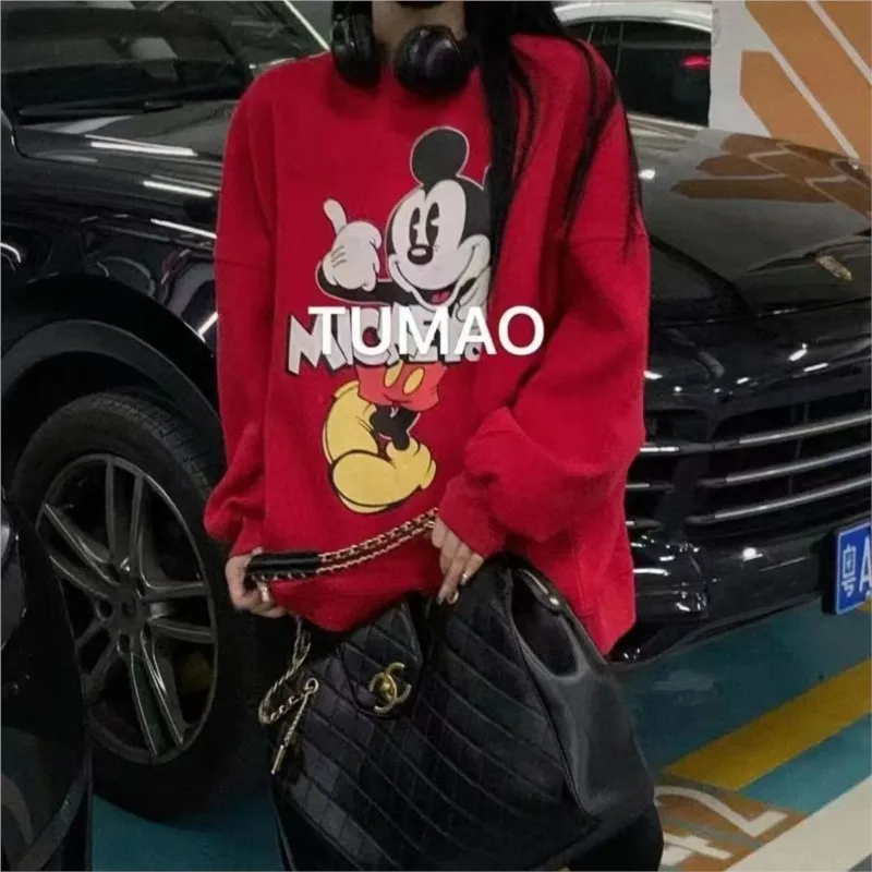 Pullover hoodie Women Spring And Autumn Thin Section New Heavy Industry Embroidery Striped Mickey cartoon Loose Pullover Tops