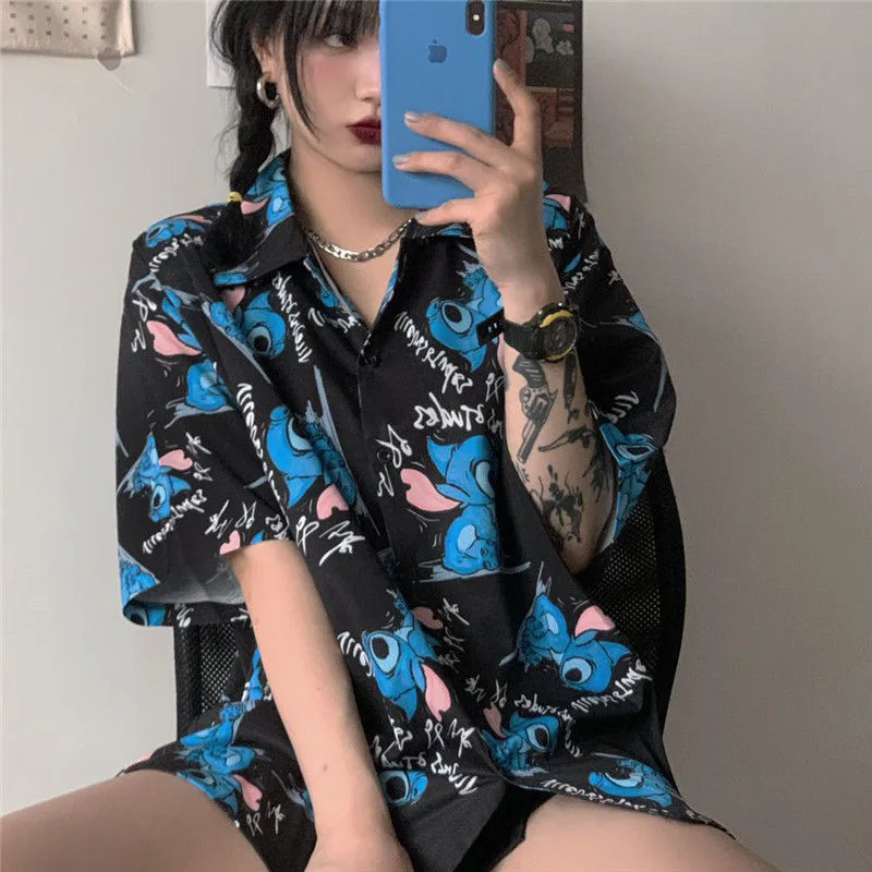 Disney Stitch Shirts Women Vintage Cat Printed Loose Chic Design Ladies Clothing Girls Daily College Street All-match Womens Top