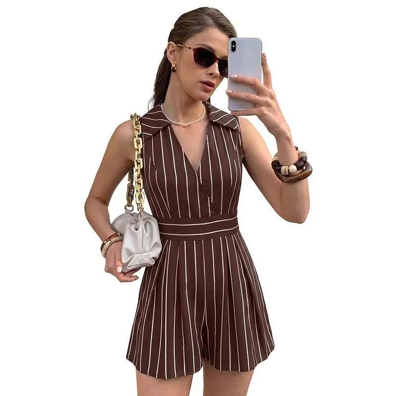 2026 Summer Women Striped Sleeveless V Neck Jumpsuits Elegant Mature Style Casual Short Jumpsuit Ladies One Piece Shorts Outfit view 6