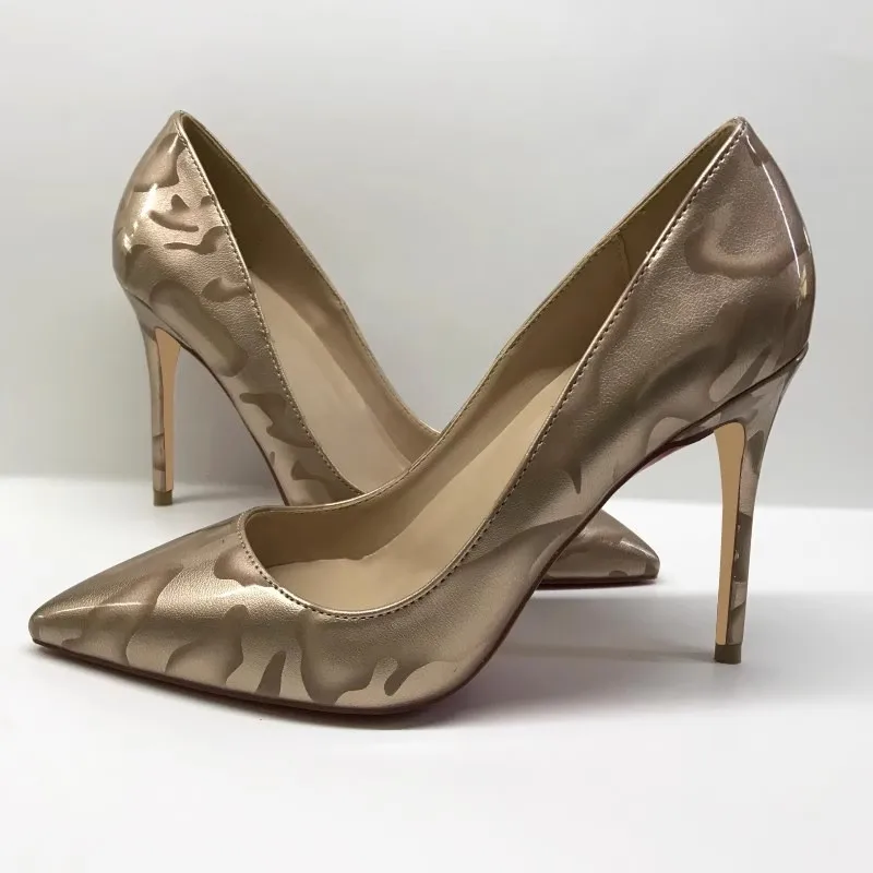 

2025 Spring New Gold High Heels Women Pointed Stilettos Shallow Pattern Elegant Sexy Banquet Wedding Lady Large Size Single Shoe