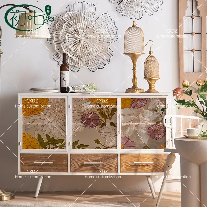American painted glass entrance cabinet French cream style living room wall storage cabinet wrought iron white chest of