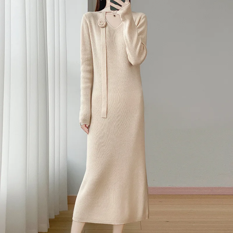 

New Autumn Winter Wool Knitted Dress Long Sleeve Women Ribbon Solid Color High Waist Striped Long Dress