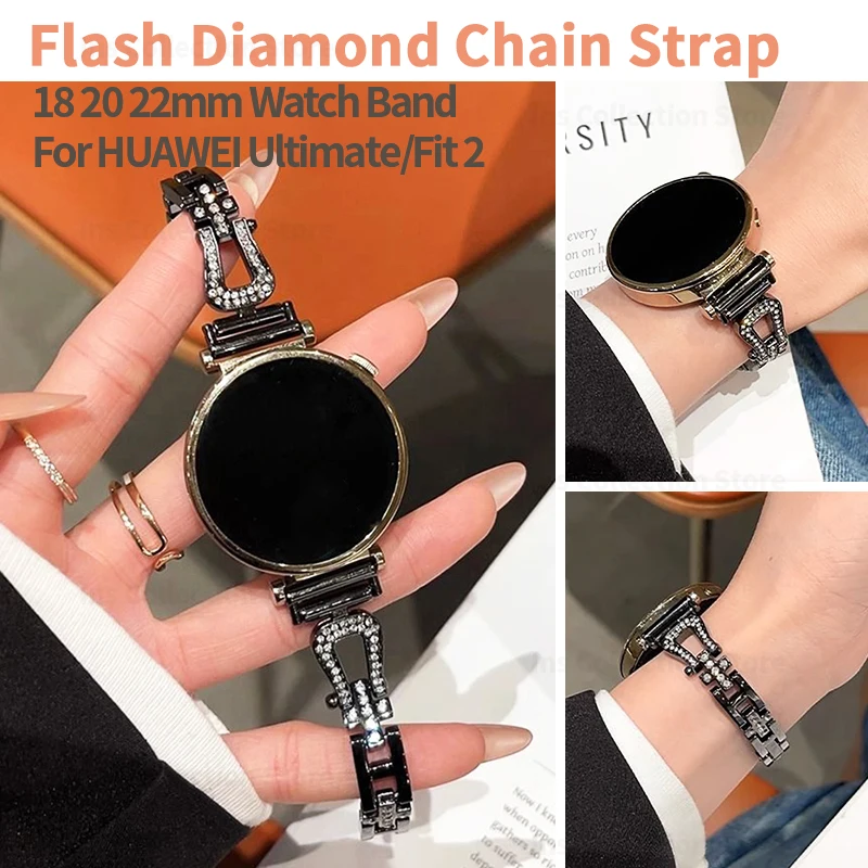 

18mm 20mm 22mm Flash Diamond Chain Bracelet for Huawei Watch GT 4 41mm 46mm Women Metal Strap for Huawei Watch Fit 2 Accesorios