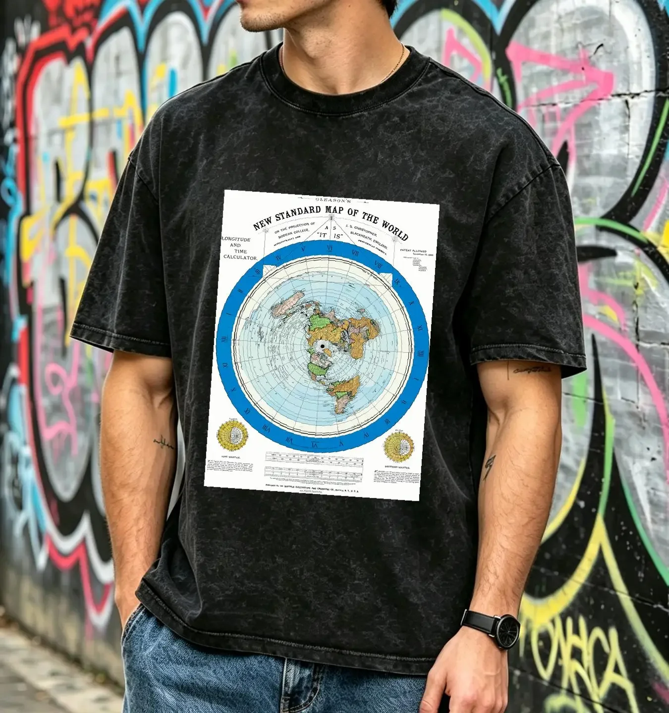 washed T Shirt Flat Earth Vintage AE Gleason Map Azimuthal Equidistant Projection Maps vintage Washed Stretched Unisex homme