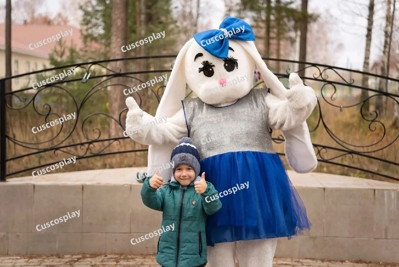 ChristmasHalloween Christmas Cute Hare Rabbit With Blue Dress Mascotte Fancy Cartoon Mascot Costume Plush Fancy Dress Mascot Cos