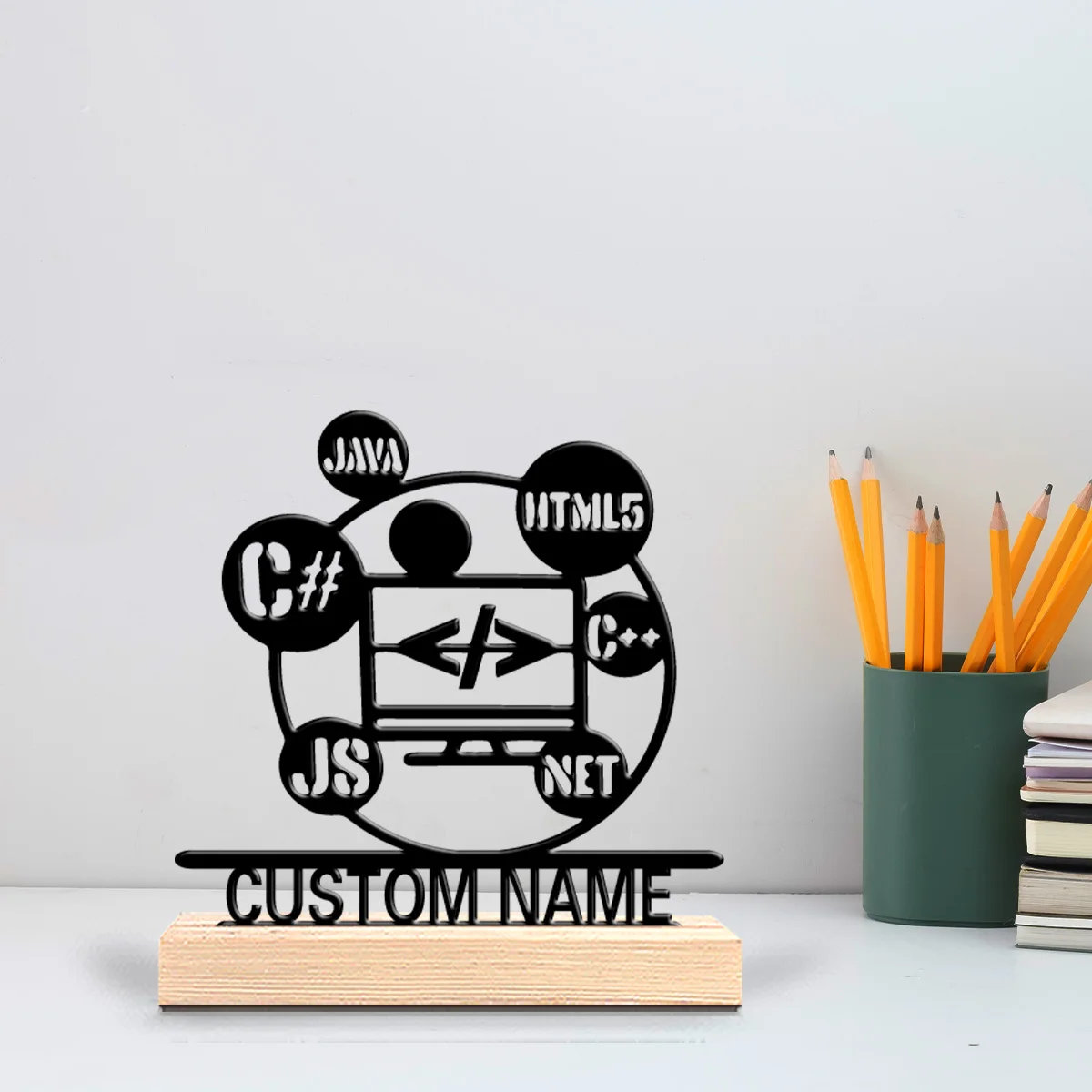 1pc Simple Programming Custom Text Metal Statue Metal Ornament Art Crafts With Wood Base Iron Ornament Home Table
