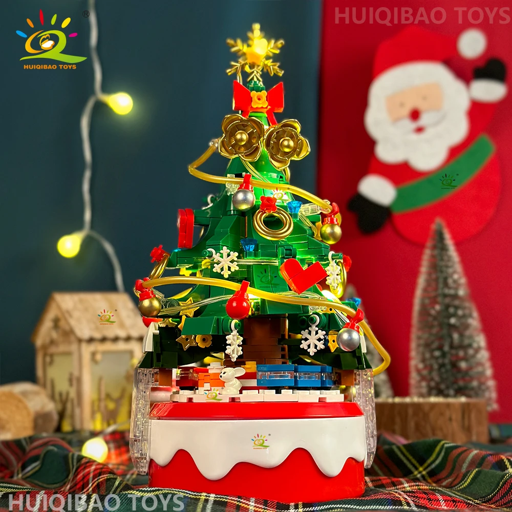 

HUIQIBAO Mini Christmas Tree Santa Claus Music Box Model Micro Bricks Building Block DIY Bricks Toys for Adult New Year Gift