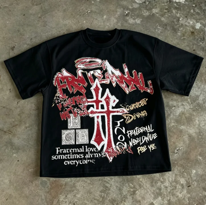 2026 Men Vintage Grunge Gothic Graffiti Letter Graphic T Shirt Front Print Crewneck Tees Unisex White Oversized Short Sleeve