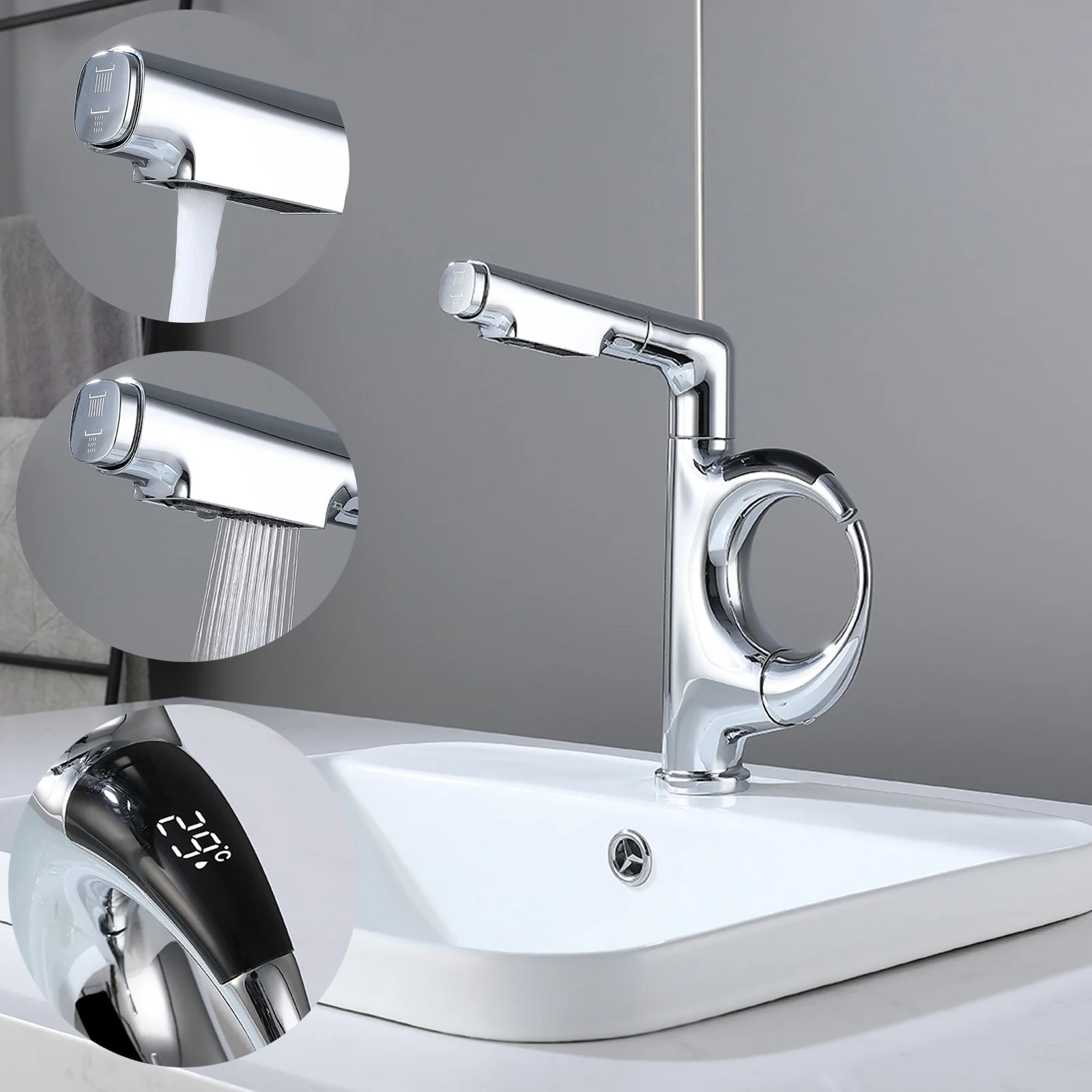 Digital Display Pull-out Rotating Bathroom, Bathroom, Wash Basin, Basin Faucet, Stage Basin, Chrome-plated Mixed Water Basin Fau
