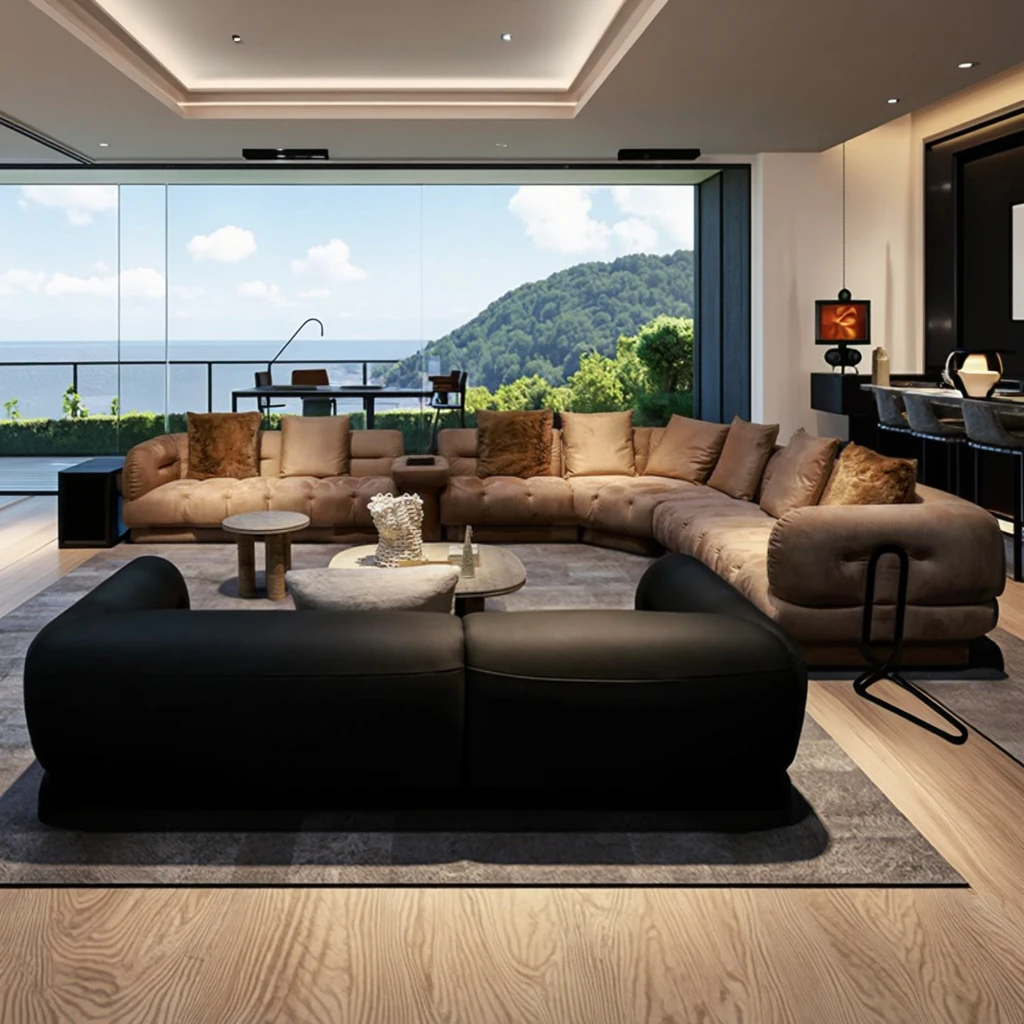 Original design curved sofa, high rebound foam solid wood corner innovative Agantara villa fabric
